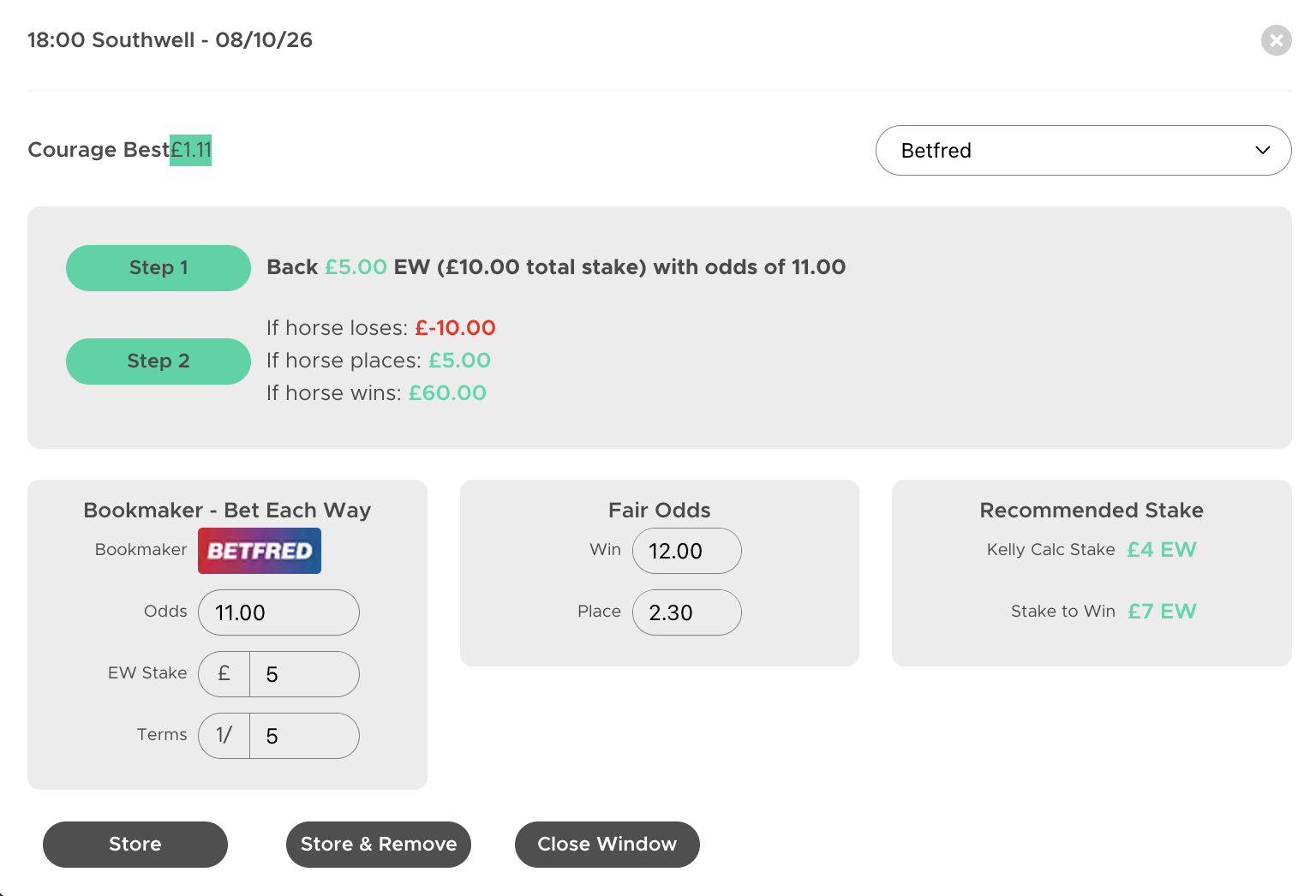 Extra Place Master calculator showing a potential EWNL bet